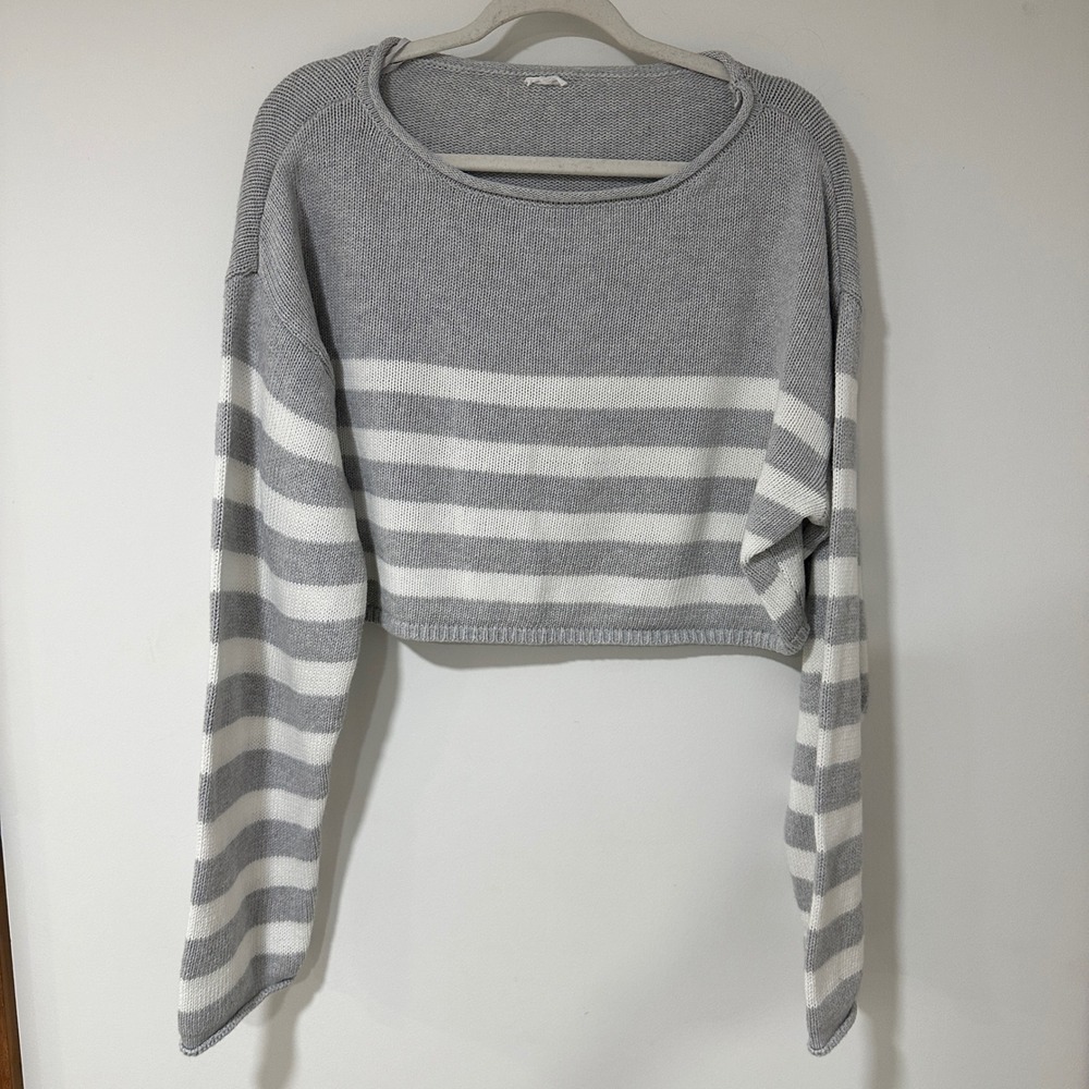 Garage Sweater Striped Cropped Pullover Womens L Gray White Cotton Knit Boatneck